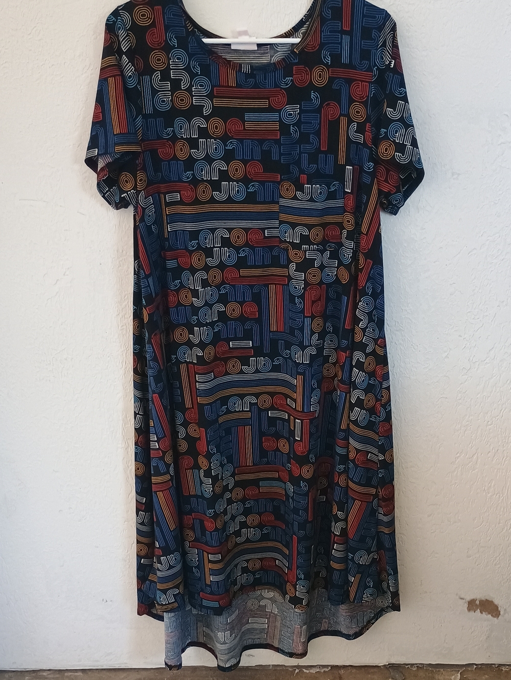 LuLaRoe Navy Geometric Maxi Dress with Red & Mustard Accents
